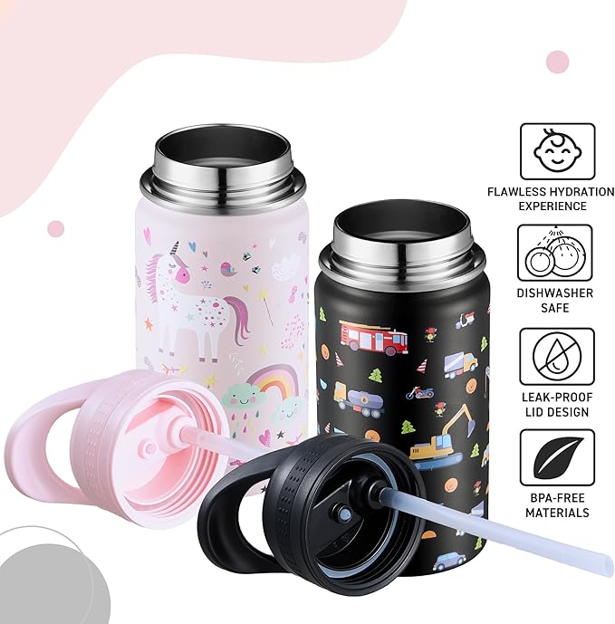 2 Pack Kids Water Bottle,14oz Stainless Steel Insulated Water Tumbler Leak-Proof,School Water Mug,Small and Portable,Suitable for Boys and Girls to Use(Black car + Pink unicorn)