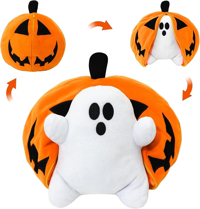 Halloween Pumpkin Ghost Plush Toy with Zipper – Cute Jack-o’-Lantern Ghost Pillow Decoration – Soft and Cuddly for Boys and Girls Plush Toy (Halloween Plush-A)
