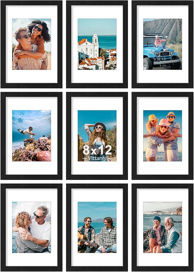 Vittanly 8x12 Picture Frames Set of 9 for Wall or Tabletop Display, Black | Display Pictures 6x8 with Mat or 8x12 without Mat, Engineered Wood with Shatter Resistant Plexiglass, Gallery Photo Frames