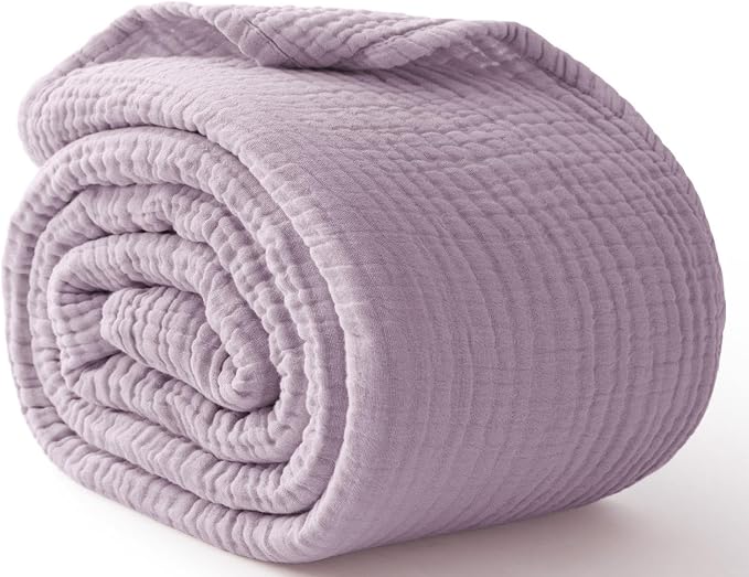 100% Cotton Muslin Blanket King 108" x 90", 6 Layers Breathable and Lightweight Cotton Throw Blanket for Bed, Soft Quilt Bedspread Coverlet, Gauze Blanket for Adults All Season, Lavender