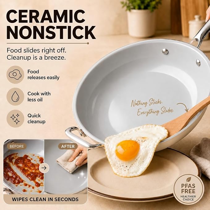 Kikcoin 12 Inch Ceramic Nonstick Frying Pan with Lid, 5 QT Deep Saute Pan for Cooking, Induction Ready Skillet with Stay Cool Handle, PFAS/PTFE/PFOA Free, Oven & Dishwasher Safe