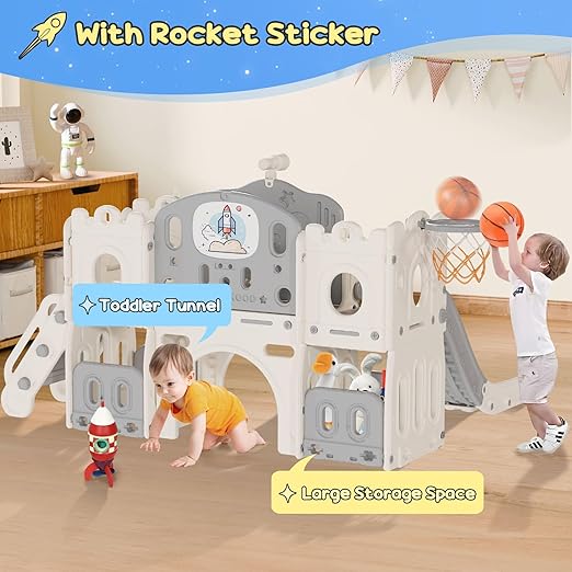 BIERUM 12 in 1 Toddler Slide, Astronaut Themed Baby Slide for Toddlers Aged 1-3, with Astronaut, Moon, Cloud, Star, Phone Call Design, Basketball Hoop and Ring Toss, Toddler Playset Beige Gray
