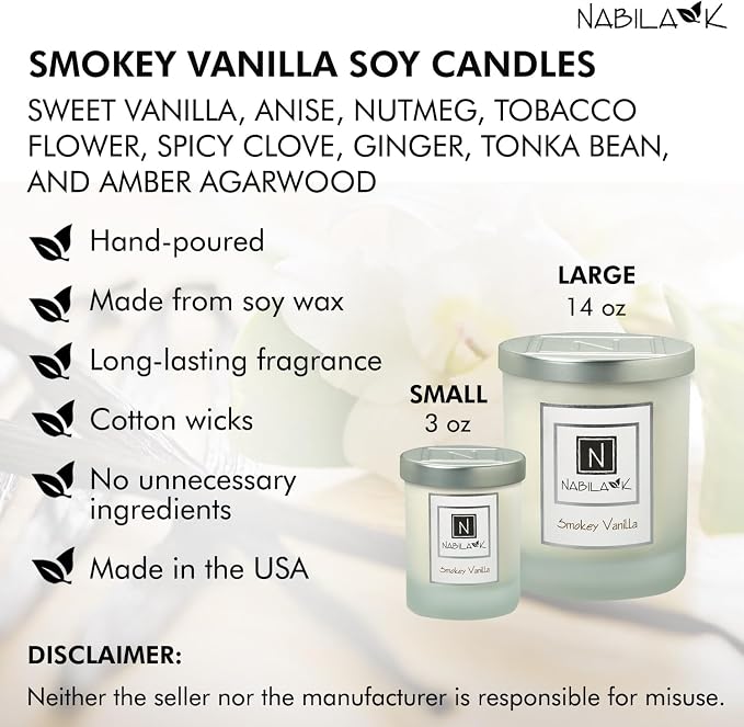 Nabila K – Smokey Vanilla - Soy-Based Candle – Anise, Nutmeg, Spicy Clove, Ginger, Sweet Vanilla, Amber - Hand-Poured - Cotton Wick - Aromatherapy Candle w/Essential Oils - Made in USA - 14 oz