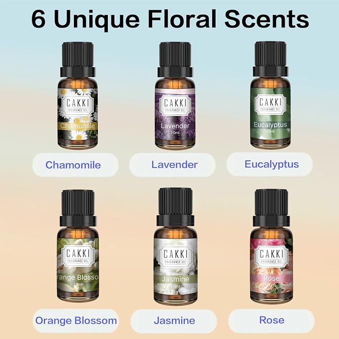 CAKKI Essential Oils for Diffusers for Home, Floral Fragrance Set, 6x10ml | Rose, Lavender, Chamomile, Eucalyptus, Orange Blossom, Jasmine, For Candles Making, Long Lasting
