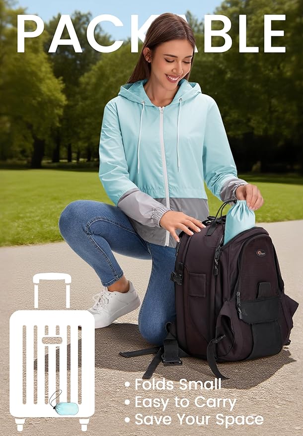 Zando Lightweight Rain Jacket Women Packable Waterproof Raincoat with Hood | Windbreaker Jacket Women, Light Raincoats for Drizzle, Rain Coats for Travel, Hiking and Commute