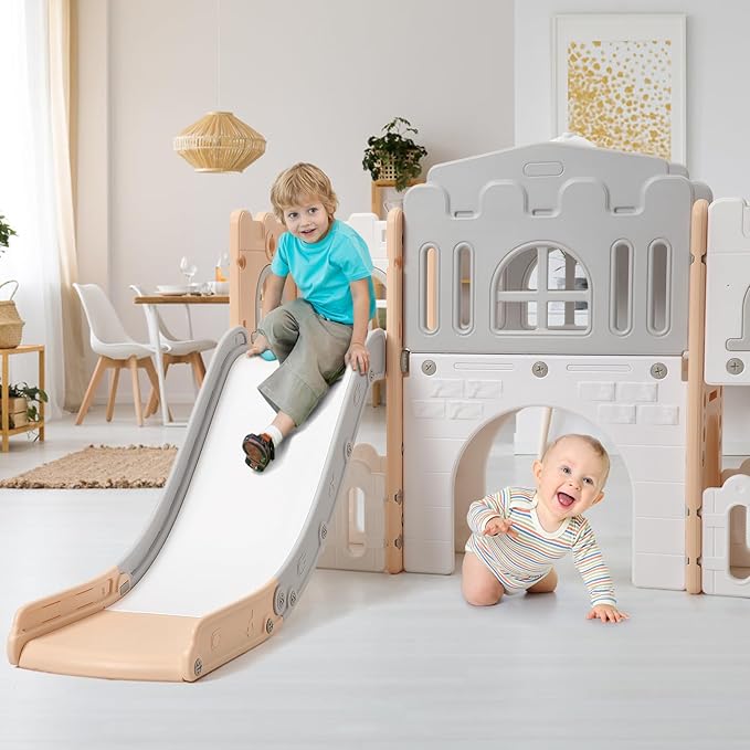 8 in 1 Toddle Slide Playset, Indoor Playground for Kids 1-3， Toddle Outdoor Playset with Slide, Climber, Tunnel, Basketball Hoop, Storage Space and Telescope for for Boys Girls, Pink Gray