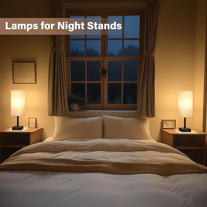 Fenmzee Bedside Lamps for Bedroom Set of 2 - Small Rectangular Nightstand Lamp with USB A C Charging Port, 3 Color Temperatures Desk Light with Bulb, Tabletop Reading Lamp for Living Room/Dorm/Office