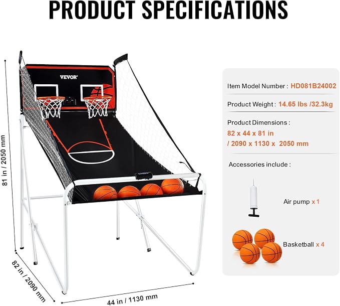 VEVOR Basketball Arcade Game Indoor, 2 Player Indoor Basketball Game, Home Dual Sport with 8 Game Modes, Electronic Scoreboard, and Inflation Pump,Adults