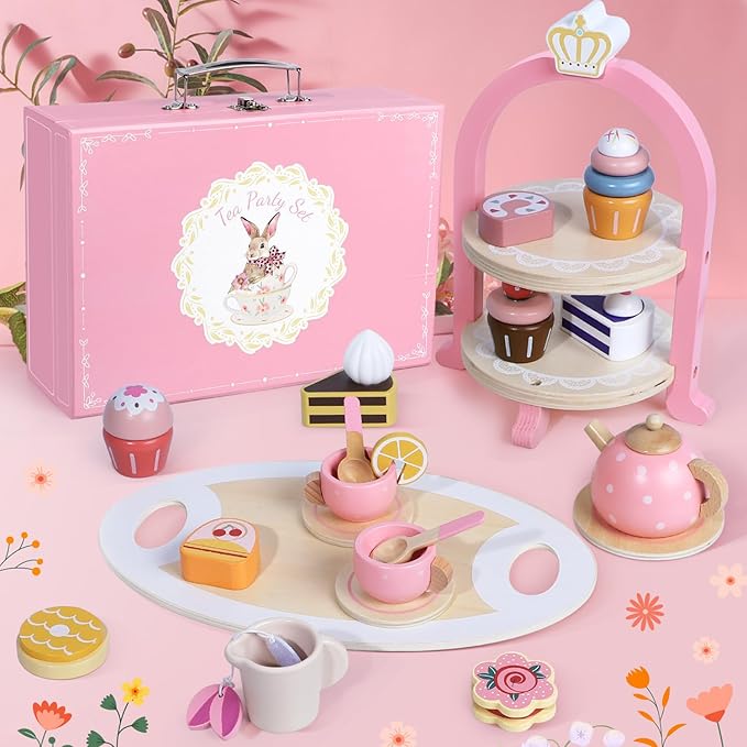 Wooden Tea Party Set for Little Girls, Toddler Girl Gifts Princess Tea Time Toys, Wooden Tea Set Food Dessert, Kids Kitchen Pretend Play, Birthday Valentines Day Gifts for Girls Age 2-5 Years Old