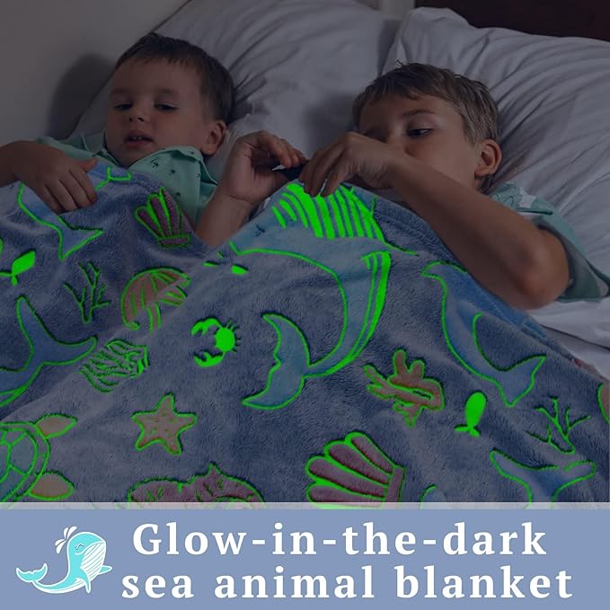 Glow in The Dark Throw Blanket Dolphin Marine Life Luminous Blankets and Throws Blue Colorful Plush Blankets Soft Glowing Throw Easter Gifts for Kids Girls Boys Teens Age 1-15 Years Old