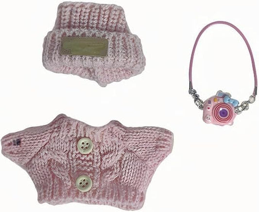 Clothes for Doll, 3 Piece 17cm Doll Clothes, Stylish Hat & Overalls & Small Camera Outfit Set, Suitable for Dolls Accessories (NO Doll) (Pink)