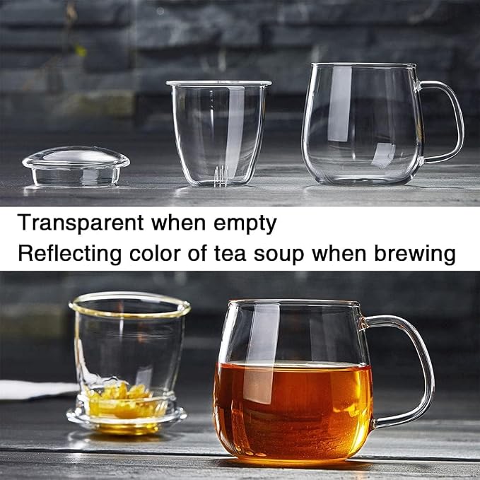 DOPUDO Glass Teacups 24 Pack Glass Tea Cup with Infuser and Lid, 17.6oz/520ml Large Borosilicate Teacup,Tea Clear Mug Cup for Loose Leaf Blooming Tea, Microwave & Dishwasher Safe.
