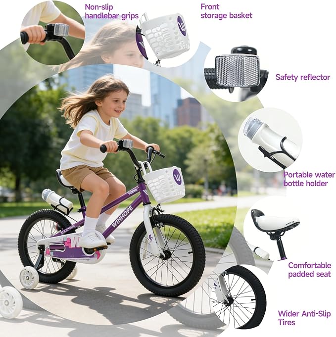 WinHope Kids Bike, 12-18 Inch Toddler Bicycle with Removable Training Wheels and Dual Brakes, Children Bike for Beginner with Adjustable Seat and Headlebar for 2-9 Years Boys Girls, Multiple Colors