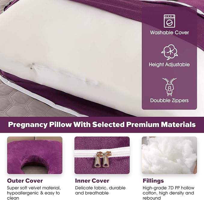 U-Shaped Full Body Pregnancy Pillow for Sleeping – 57" Maternity Pillow with Removable Cover, Support for Back, Legs, Belly & Hips (Velvet-Dark Purple)