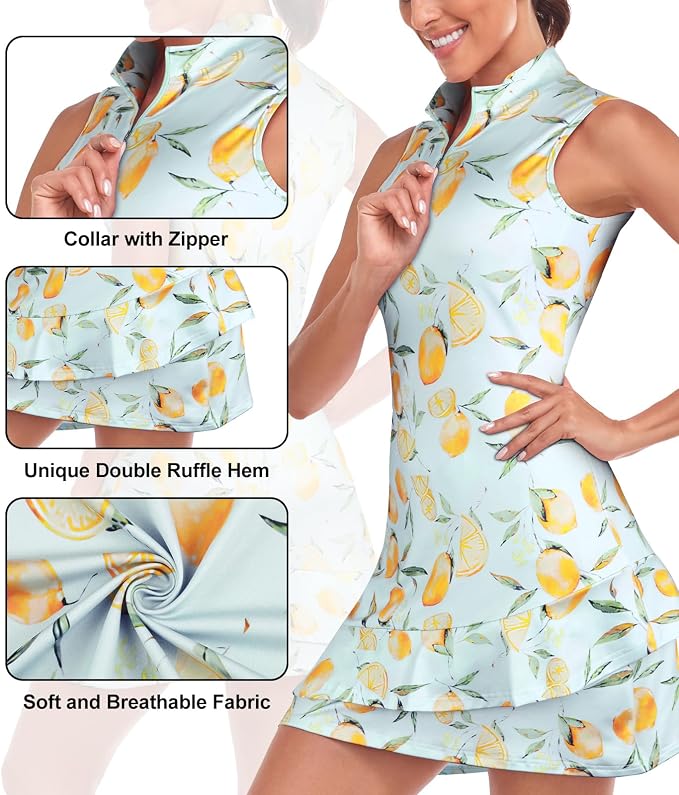 Viracy Tennis Dress for Women Sleeveless Golf Dresses with Shorts and Pockets Ruffle Zip Up Stand Collar Golf Outfits