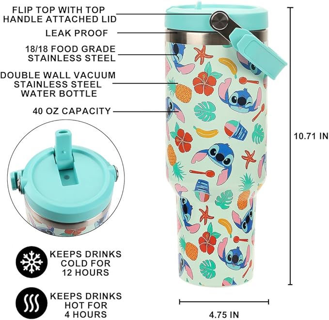 Bioworld Lilo & Stitch All-Over Tropical Stitch Print Blue 40 Oz Stainless Steel Water Bottle
