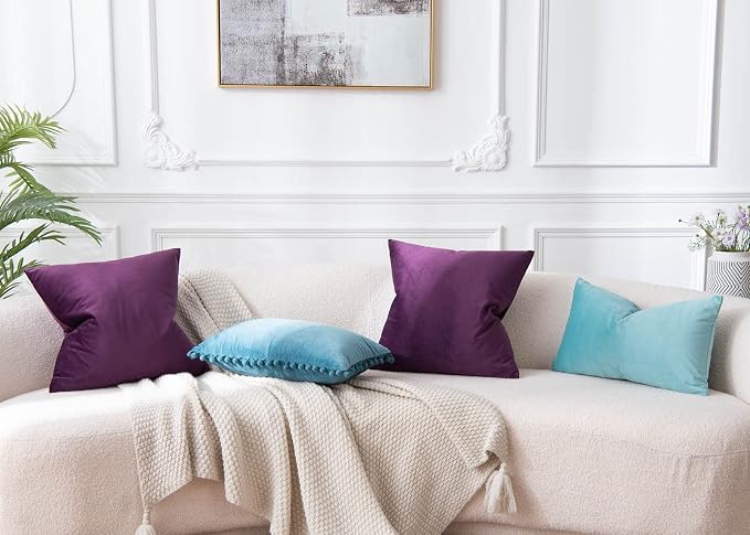 Throw Pillow Covers Set of 2 Velvet Cushion Covers 14x14,Eggplant Purple | Decorative Pillow Covers with Invisible Zipper for Couch Sofa Bed Living Room Bedroom Home Decor