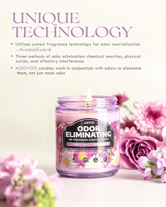 AOOVOO Dreamy Garden Odor Eliminating Highly Fragranced Candle - Eliminates 95% of Pet, Smoke, Food, and Other Smells Quickly, Non Toxic Air Freshing Soy Candle, Up to 50 Hours Burn time