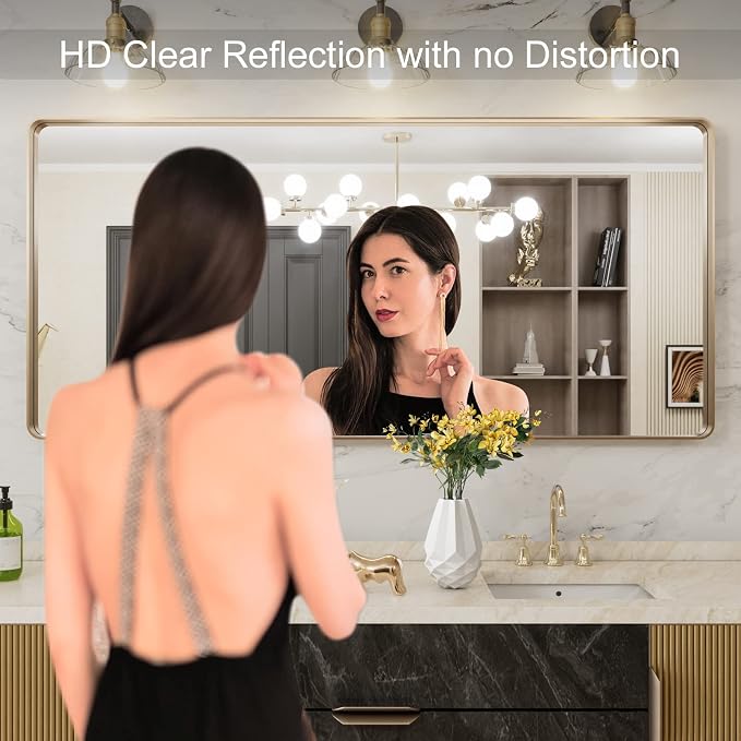 LOAAO 60”X28” Gold Bathroom Mirror, Rounded Rectangle Gold Frame Mirror, Brushed Gold Bathroom Vanity Mirror Wall-Mounted, Anti-Rust, Tempered Glass, Hangs Horizontally or Vertically | Rounded Rectangle, Brushed Gold Frame, Wall-Mounted, Anti-Rust, Tem...