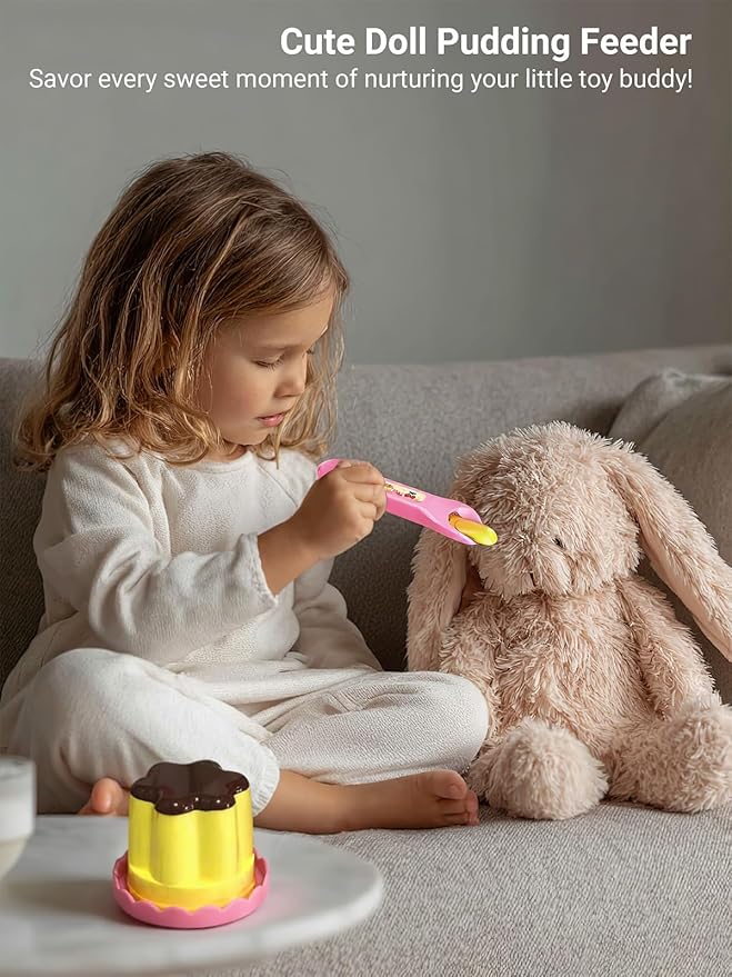 Pretend Play Pudding Feeding Toy for Dolls,Stuffed Animals Figurines,Automatic Feeding Toy with Spoon,Perfect for Doll Role Play Ideal Birthday for 3-6 Year Old Girls