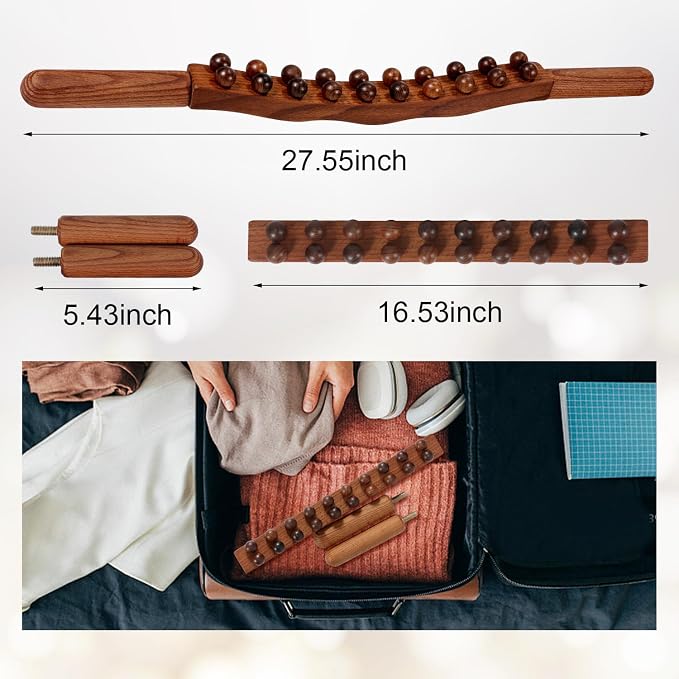 Wood Therapy Guasha Wood Stick Massage Tools, Lymphatic Drainage Massage Stick, Stomach Cellulite Massager, Myofascial Release Tool, Ease Pain Self Body Sculpting, Mountable Handle Double Row 20 Beads