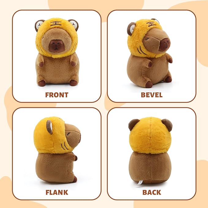 Cute Capybara Plush Wear Tiger Hat, Kawaii Soft Capybara Plushie Pillow, 14 inch Capybara Stuffed Animal Hugging Gifts for Kids Adults (Tiger Capybara)