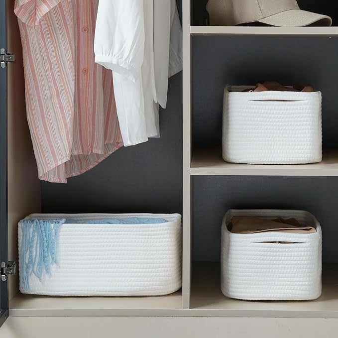 3 Pack Storage Baskets for Organizing, 13.7×9.5×6.3", White | Woven Baskets for Shelves, Cotton Rope Basket for Gifts Empty, Closet Organizer Bins with Handles, Cube Decorative Box