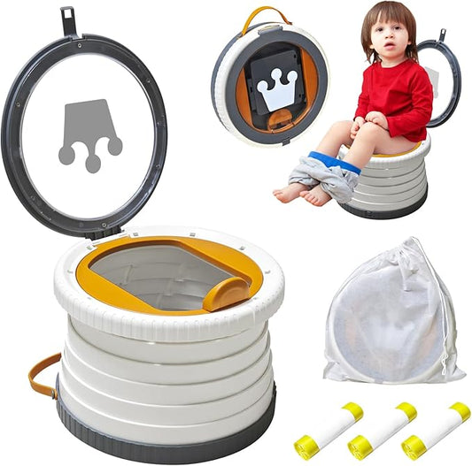 2025 Upgraded Portable Potty Training, Foldable Toilet,Travel Potty for Toddler, Apply to Seat Emergency Toilet for Camping, Outdoor, Car, Indoor, Including 3 rolls of garbage bags(White-Gray)