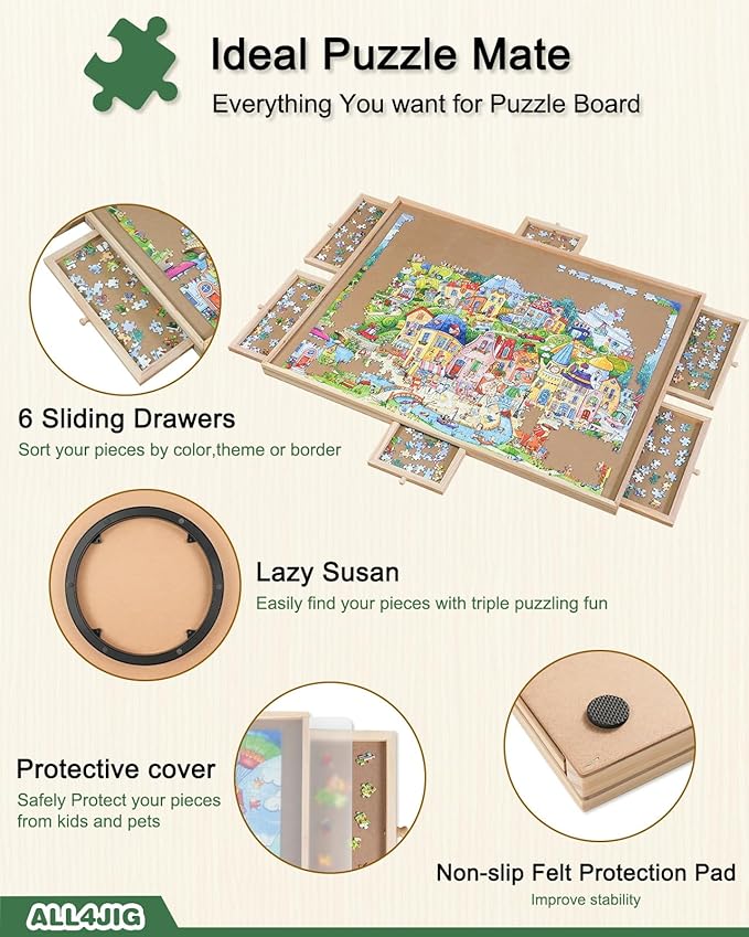ALL4JIG 1500 Pieces Rotating Puzzle Board with 6 Drawers and Cover,25"x34"Portable Wooden Jigsaw Puzzle Table for Adults,Lazy Susan Spinning Puzzle Boards Birthday Gift for mom