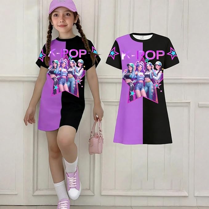 Girl's Anime K-POP Graphic Long Dress T-Shirt - Casual Loose Fit Short Sleeve Top