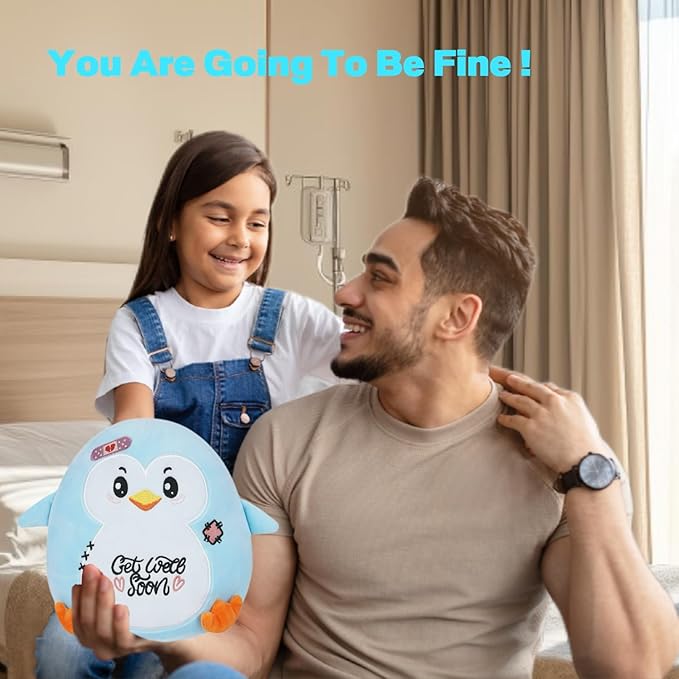 Get Well Penguin Stuffed Animal - Get Well Soon Gifts Penguin Plush Heartwarming Design for Rehabilitation Kids' Gift 8 Inch Blue
