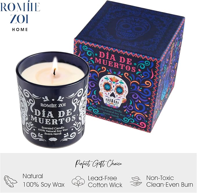 ROMIIE ZOI Scented Fall Candle - Dia de Muertos - 6oz Soy Wax Candle for the Day of Dead, 6oz Memorial & Celebration Gift for Women and Men