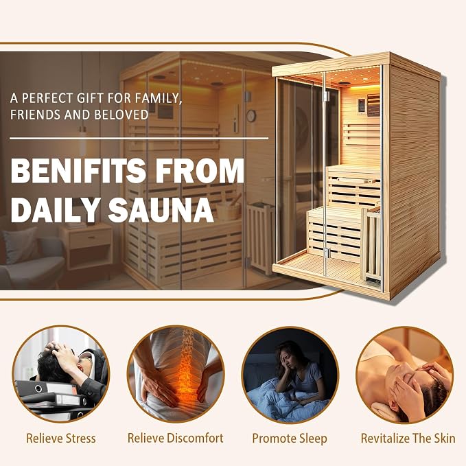 Steam Sauna, Traditional 2-4 Person Indoor Sauna with 3000W Stove Heater | Chilean Pine Wood Sauna Room with Wooden Barrel and Spoon, Sauna Stone, Hygrometer, Cup Holder, LED Lighting, Speaker