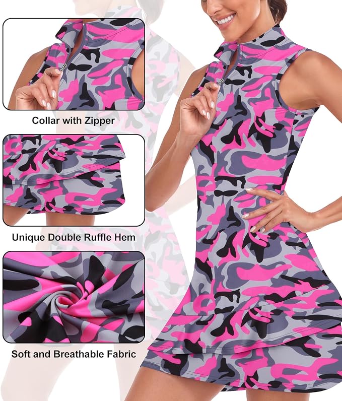 Viracy Tennis Dress for Women Sleeveless Golf Dresses with Shorts and Pockets Ruffle Zip Up Stand Collar Golf Outfits