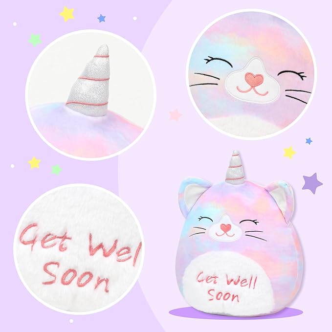 Easfan 13'' Get Well Soon Unicorn Cat Plush Pillow Soft Cute Stuffed Animal with Silver Horn Feel Better Gifts for Kids Patient Feel Better for Women