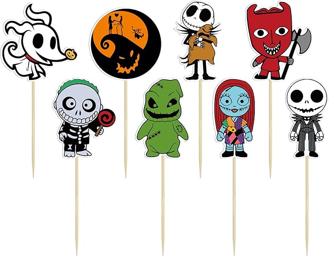 Gyufise 40Pcs Skellington Halloween Cupcake Toppers Glitter Skull Ghost Cupcake Picks for Nightmare Theme Wedding Anniversary Birthday Party Cake Decorations Supplies