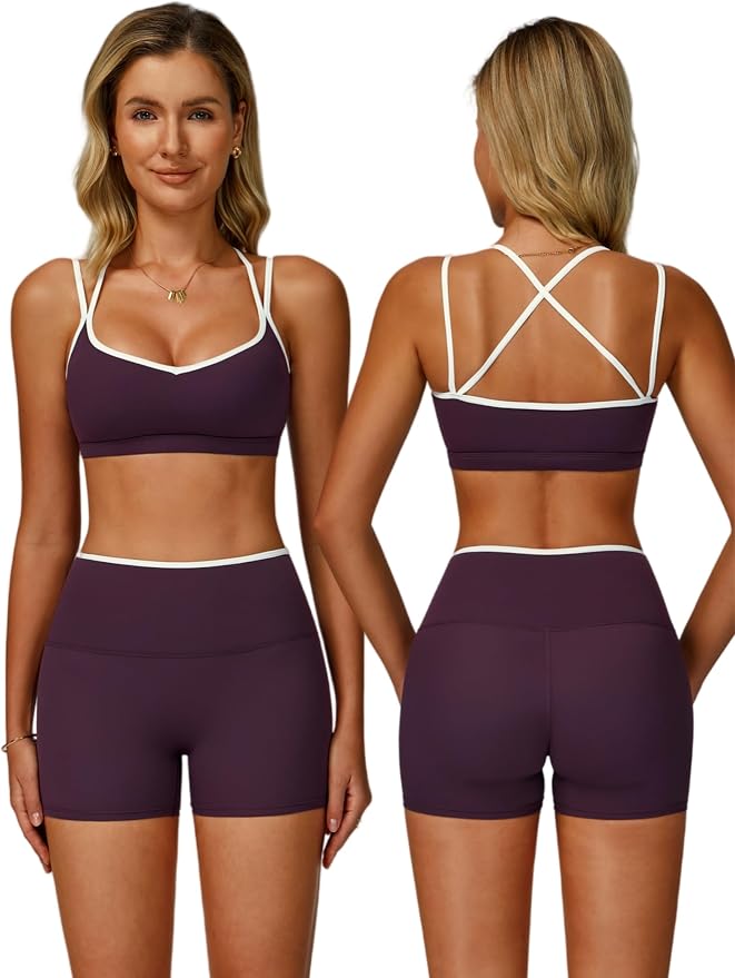 ABOCIW Workout Sets for Women 2 Piece Color Block Strappy Sports Bra High Waist Shorts Gym Yoga Pilates Outfits