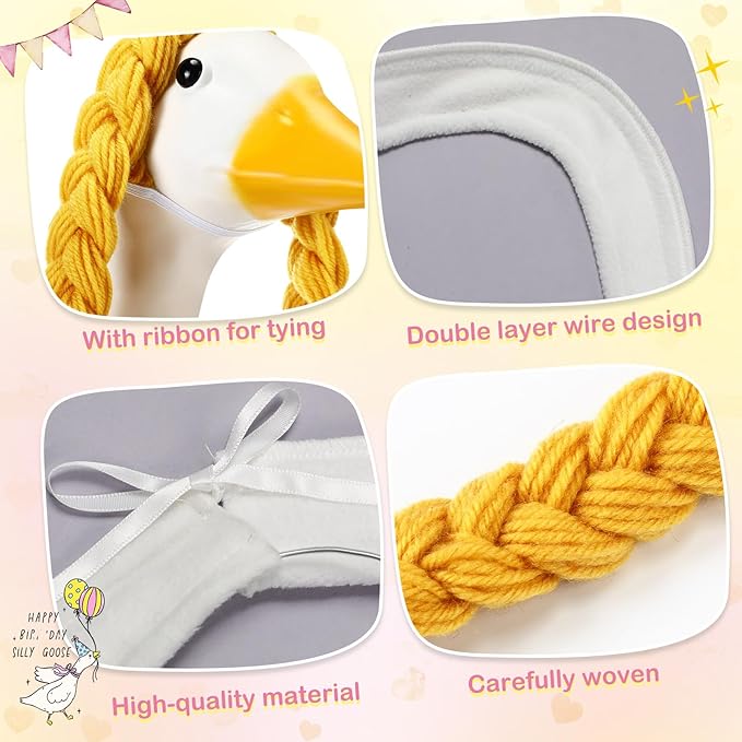 4 Pcs Poseable Goose Wings with Wigs Porch Goose Outfit Accessories Cute Goosey Braid Wigs White Poseable Wings for 23/17'' Outdoor Patio Yard Lawn Art Decoration(Farmhouse)