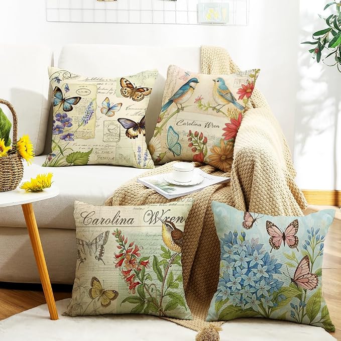 wyooxoo Spring Pillow Covers 18x18 Set of 4 Farmhouse Pillow Covers Outdoor Decorative Throw Cushion Case for Sofa Couch Living Room