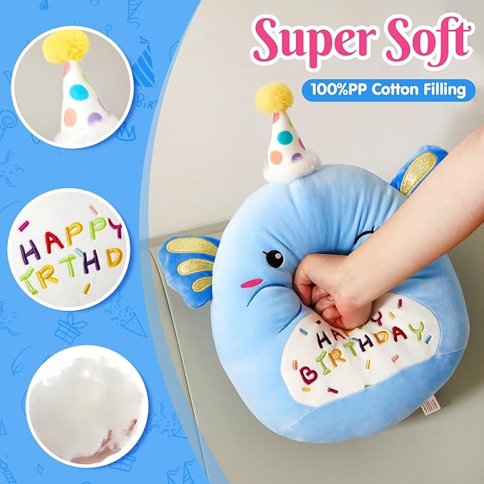 14“ Birthday Axolotl Plush Pillow,Blue Axolotl Stuffed Animal Soft Plush Toy,Cute Plushie Doll Gifts for Kids & Birthday Party Decor