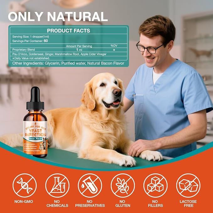 Dog Yeast Infection Treatment - 60ml Yeast Infection Drops for Dogs | Dog Yeast Treatment for Ear, Paw & Skin Itch Relief, Natural Herbal Supplement