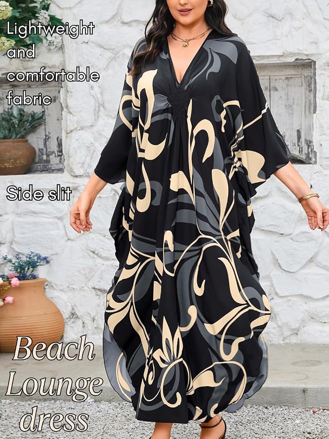 ChiaoLezhee Print Moo-Moos for Women, Kaftan Cover-Up Dresses, Sexy V-Neck High-Slit, Beach Pool-Party Coverups Muumuu Plus