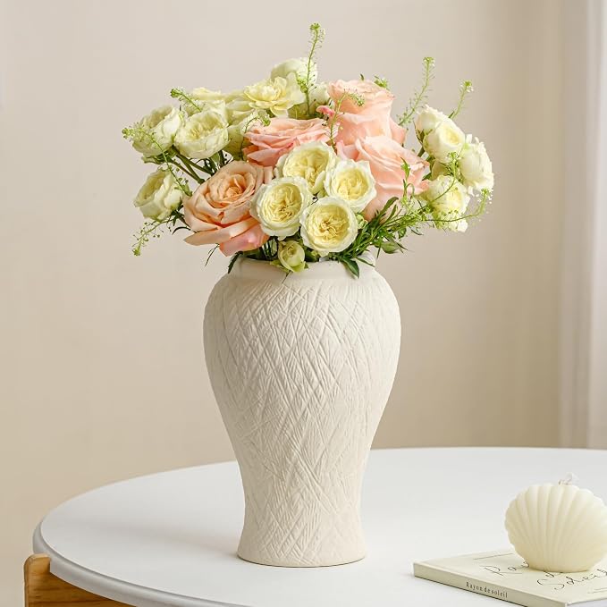 10in Tall Ceramic Flower Vase, Modern Decorative Textured Vases Home Decor | Unique Rustic Farmhouse Terracotta Vases for Bedroom Living Room Table Centerpieces Shelf Cabinet Wedding Decorations