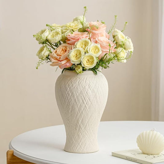 10in Tall Ceramic Flower Vase, Modern Decorative Textured Vases Home Decor | Unique Rustic Farmhouse Terracotta Vases for Bedroom Living Room Table Centerpieces Shelf Cabinet Wedding Decorations