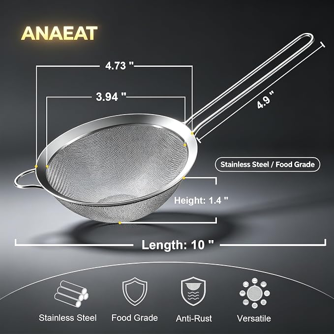 Anaeat Fine Mesh Strainers - Premium Stainless Steel Colander Sieve Sifters, with Durable Mesh and Sturdy Handle, Excellent for Sifting Dry ingredients, Flour, Pastas, Rice, Tea (4.73"）