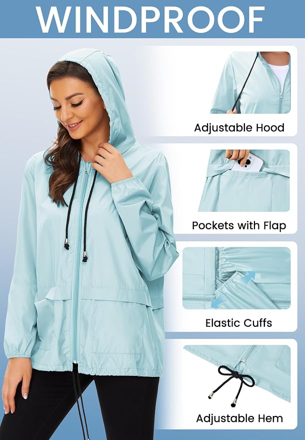 Zando Lightweight Rain Jacket Women Packable Waterproof Raincoat with Hood | Windbreaker Jacket Women, Light Raincoats for Drizzle, Rain Coats for Travel, Hiking and Commute