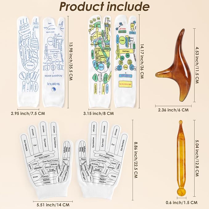 Reflexology Socks Set with Gloves Tools, 2 Pairs Chiro Acupressure Acupuncture Trigger Point Foot Hands Pain Relief Remedy Acupoint Massage Birthday Gifts for Men C