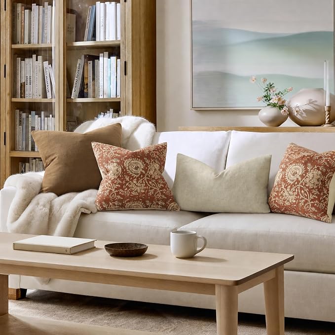Fall Pillow Covers 20x20 Set of 2 Printed Floral Throw Pillows Farmhouse Pillow Cases Vintage Decorative Cushion Covers Fall Decorations for Couch Sofa Chair Bed Living Room, Rust