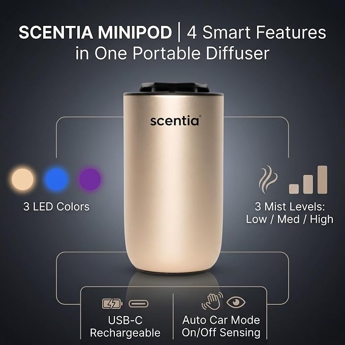 Scentia MiniPod Gold Waterless Diffuser for Essential Oil, Smart Car Air & Home Freshener with 3 Mist Levels & LED Light, Auto On/Off Rechargeable, Portable Scent Air Machine
