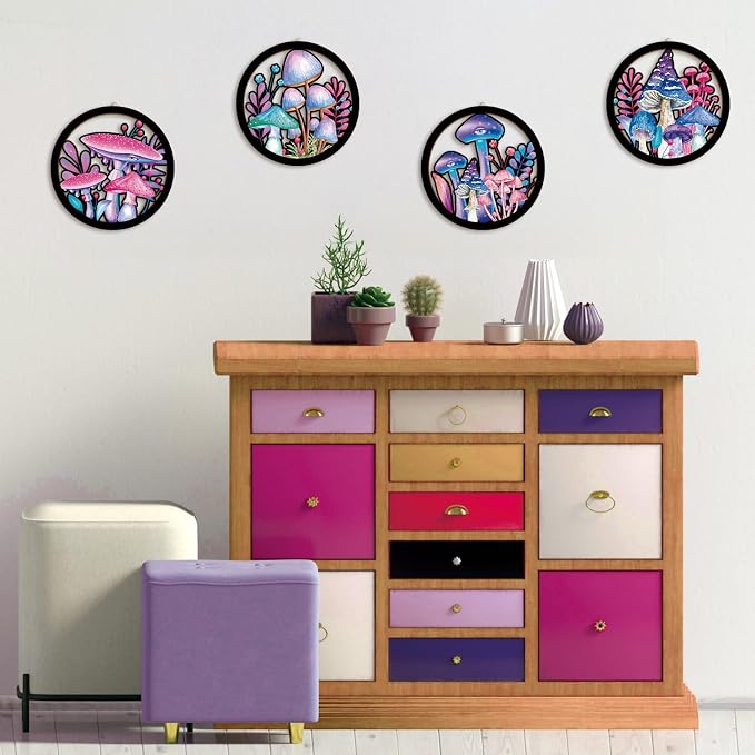 HPNIUB Abstract Whimsical Mushroom Cottage Wall Decor, Watercolor Moody Botanical Plant Moss Hanging Sign, 4 Pieces 10''x10'' Vintage Farmhouse Magical Mushroom Artwork for Bedroom Nursery Home Decor